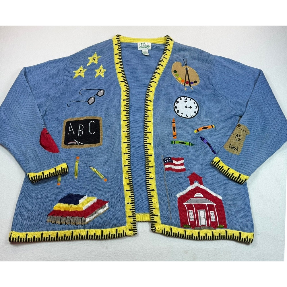 Quacker Factory School Teacher Cardigan Blue Ruler Trim Bus 2X Novelty Sweater